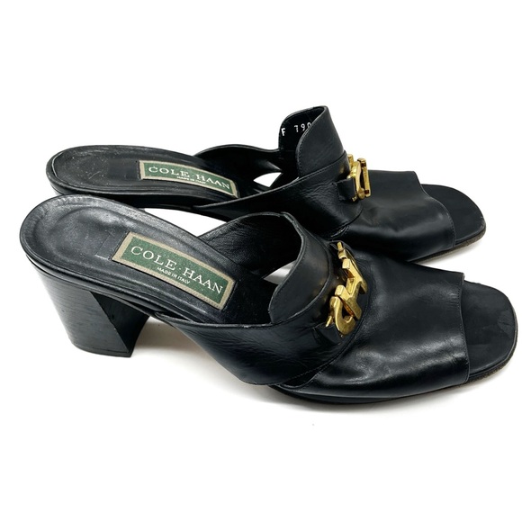 Cole Haan Open Toe 3.0 inch heels Made in Italy Size 8.5 Leather Sole Black - Picture 2 of 6